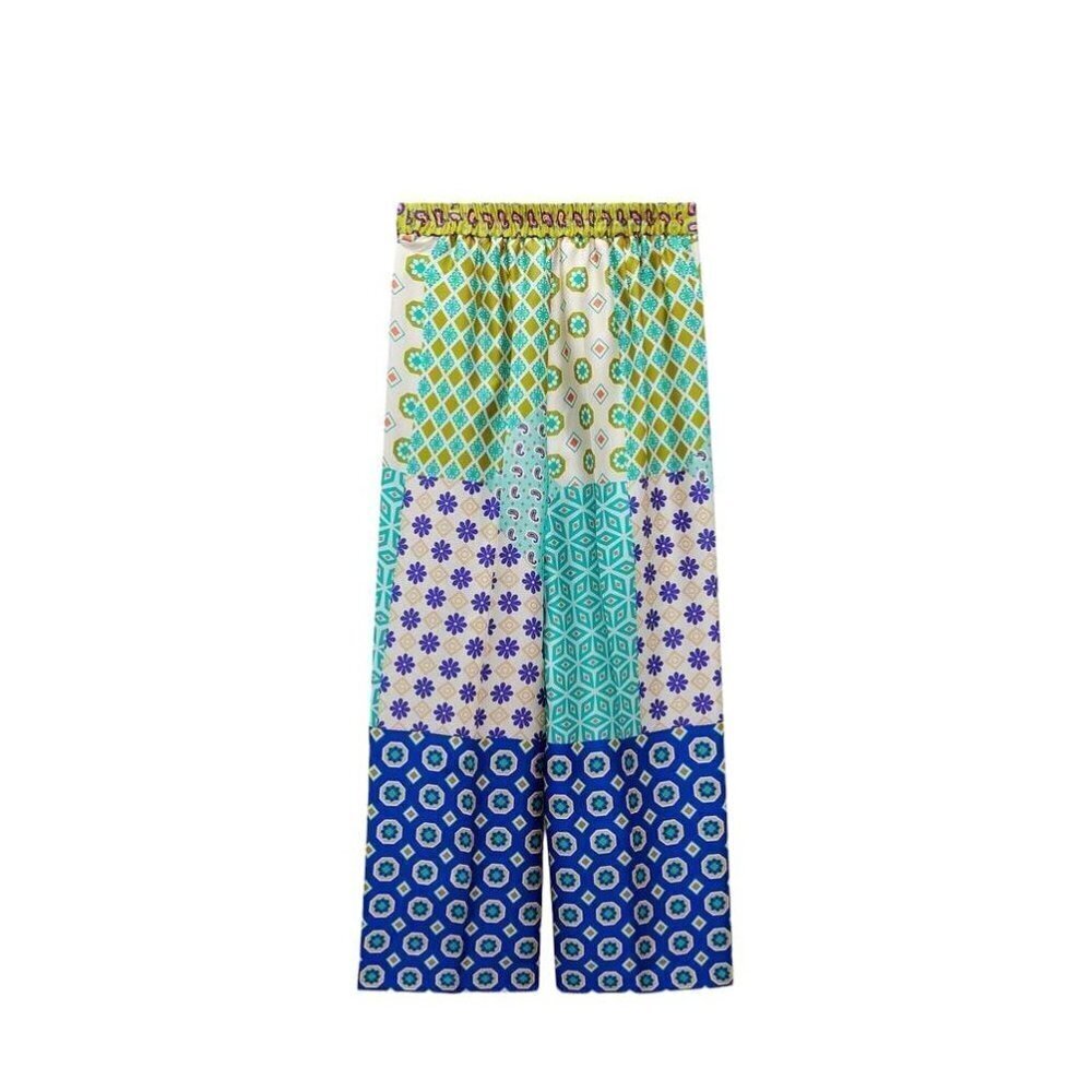 Zara Cropped Trousers With Patchwork Print Multicolored Size L | 3218/229